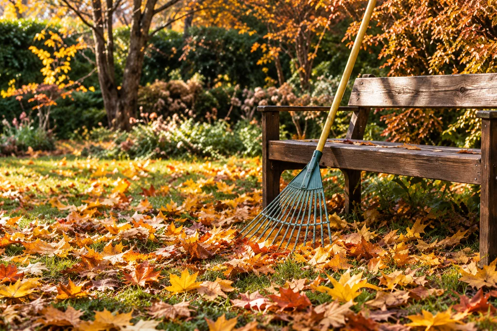 Giardino in autunno con foglie cadute e vegetazione stagionale