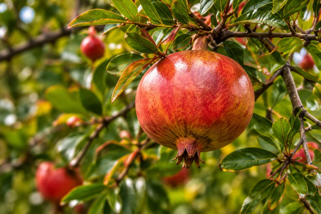 Melograno con frutti maturi e foglie