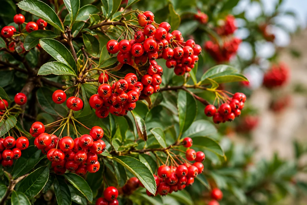 Piracanta con bacche rosse e foglie verdi