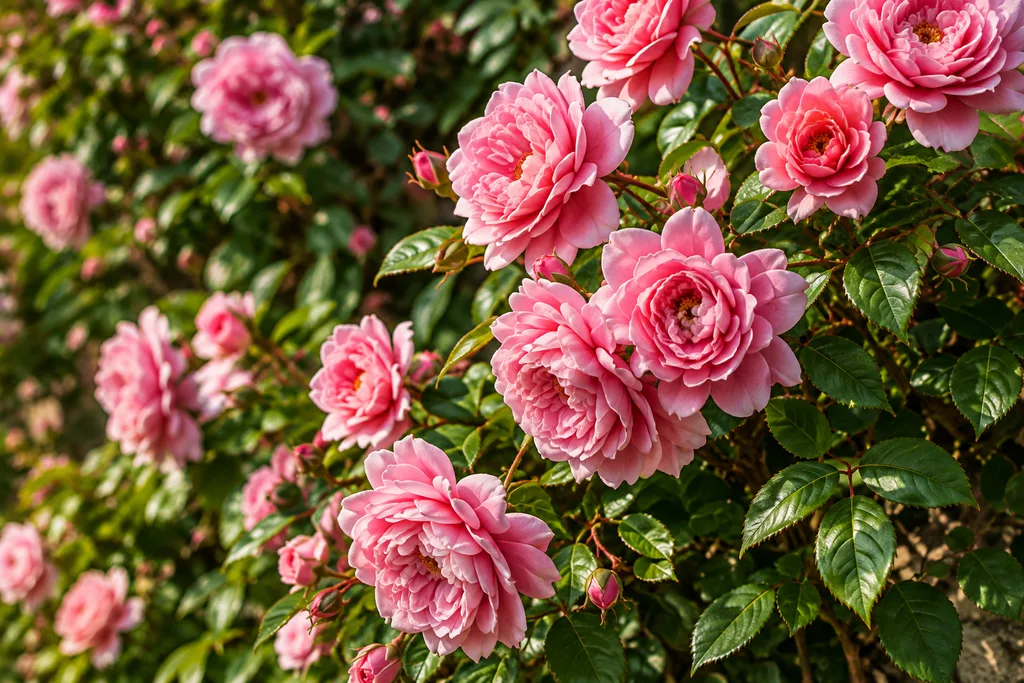 Rose rampicanti con fiori rosa e foglie verdi