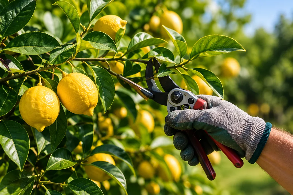 Potatura di un limone con frutti e foglie verdi
