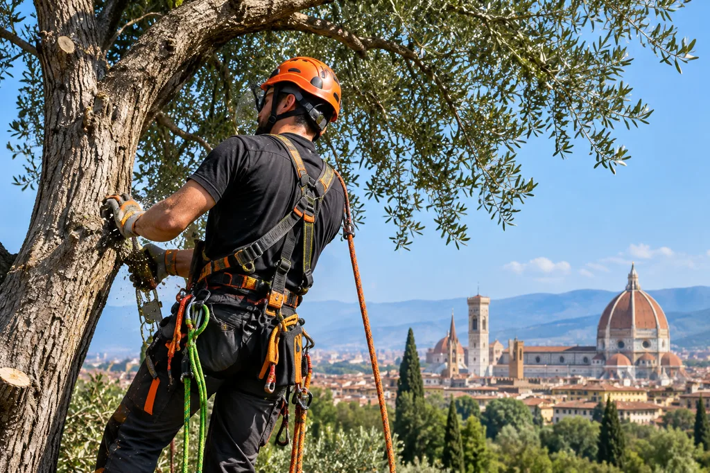 Potatura professionale di un albero eseguita in sicurezza